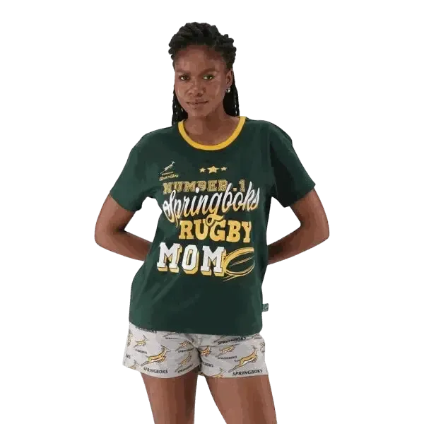 Springbok Rugby Mom women's pajama set with green short-sleeve top and grey shorts, 100% cotton, X-Large