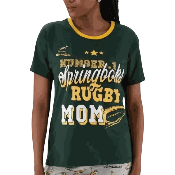 Springbok Pajamas women's set with green short sleeve top and grey shorts featuring rugby mom print and Springbok logos