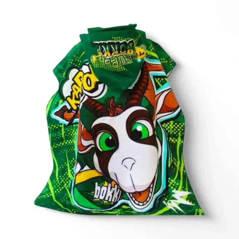 Green Springbok "Bokkie" hooded towel with cartoon mascot design for kids.
