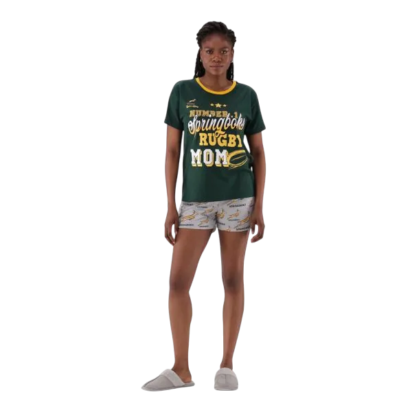 Springbok Pajamas women’s rugby mom set with green short sleeve top and grey shorts in X-Large size