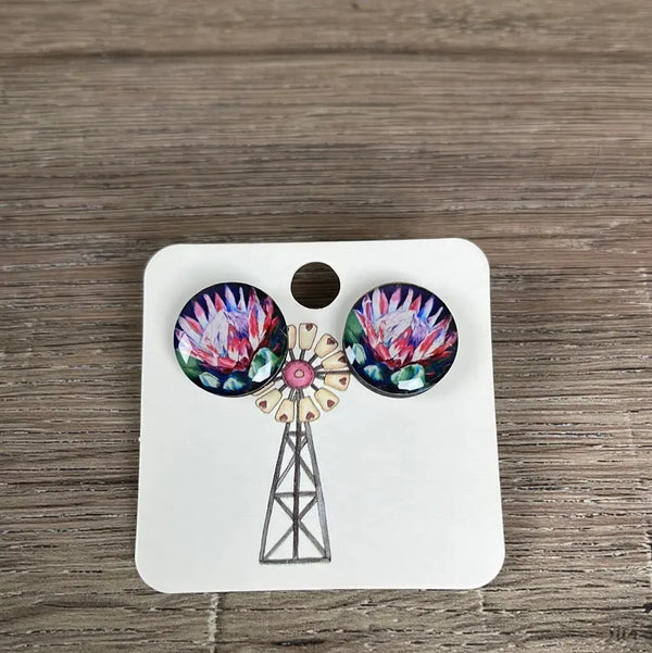 Stud Earrings - Circle Pink and Blue Protea - Something From Home - South African Shop