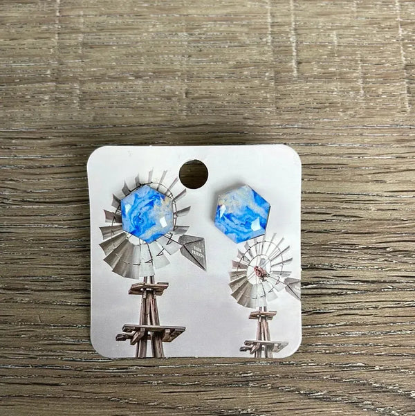 Stud Earrings - Hexagon Blue Marble - Something From Home - South African Shop