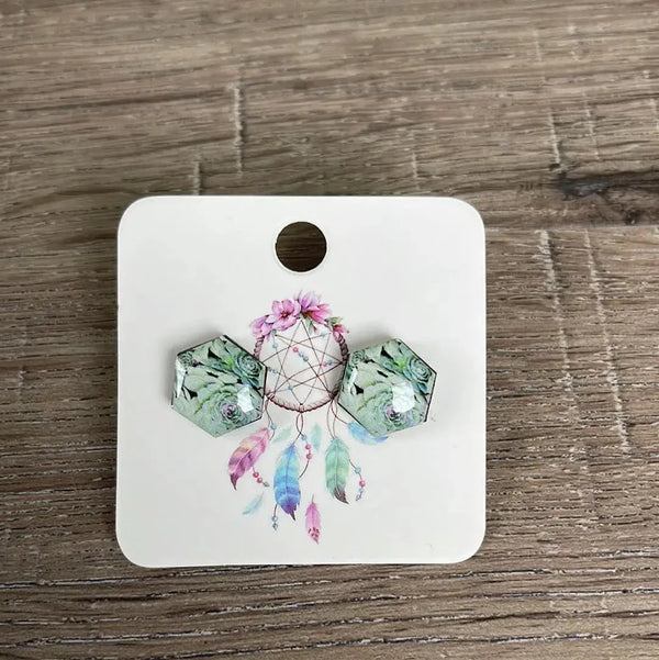 Stud Earrings - Hexagon Mint Flowers - Something From Home - South African Shop