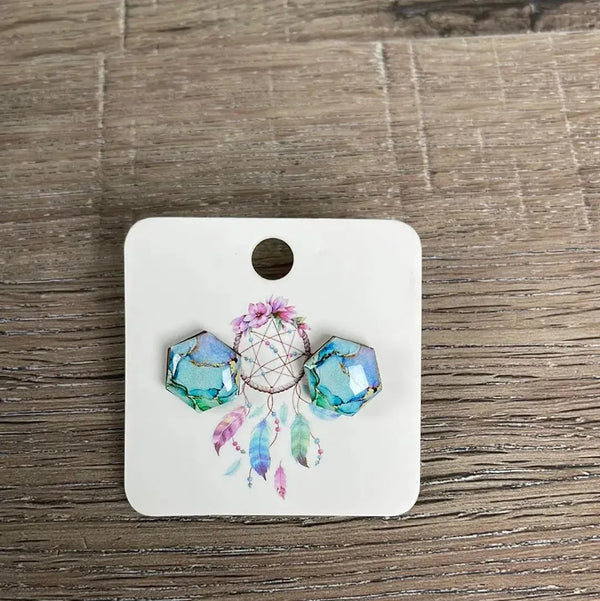 Stud Earrings - Hexagon Mint Marble - Something From Home - South African Shop