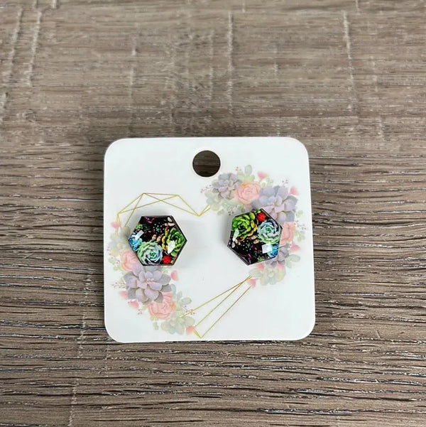 Stud Earrings - Hexagon Red and Green Succulents - Something From Home - South African Shop
