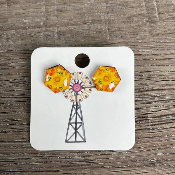 Stud Earrings - Hexagon Yellow Sunflowers - Something From Home - South African Shop