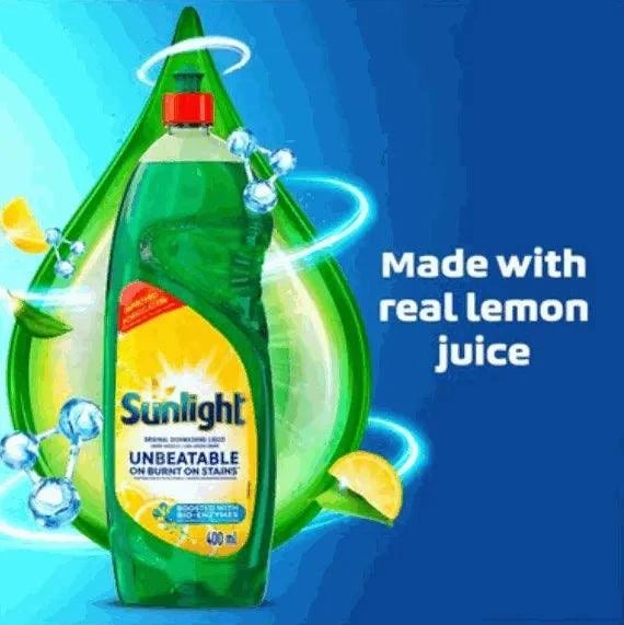 Sunlight Original 400ml dishwashing liquid bottle with lemon juice, powerful grease cutting cleaning agent
