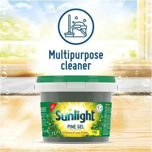 Sunlight Pine Gel Multipurpose Cleaner 1L on wooden surface with text "Multipurpose cleaner."