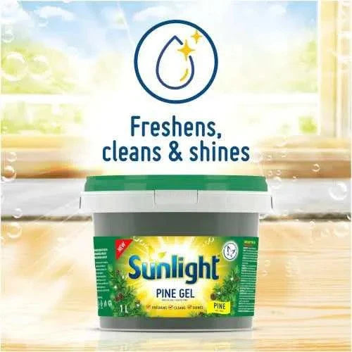 Sunlight Pine Gel Multipurpose Cleaner 1L tub on wooden surface with text "Freshens, cleans & shines."