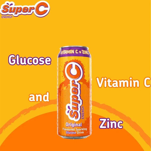 Super C Energy Drink 500ml can with vitamin C and zinc on orange background
