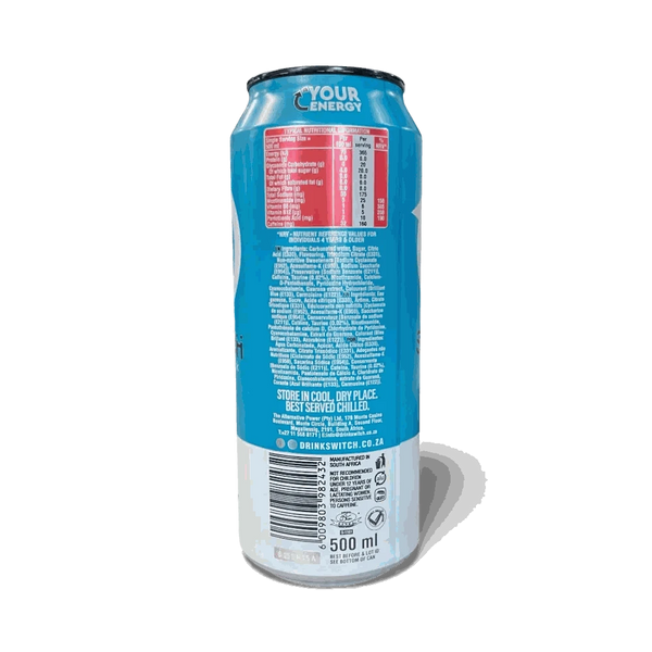 Switch Energy Drink Element Flavour 500ml blue can from South Africa with high caffeine and B-vitamins for energy and focus