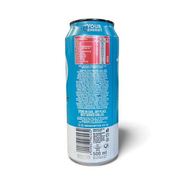Back view of 500ml blue can Switch Energy Drink Element flavour with nutrition facts and ingredients.