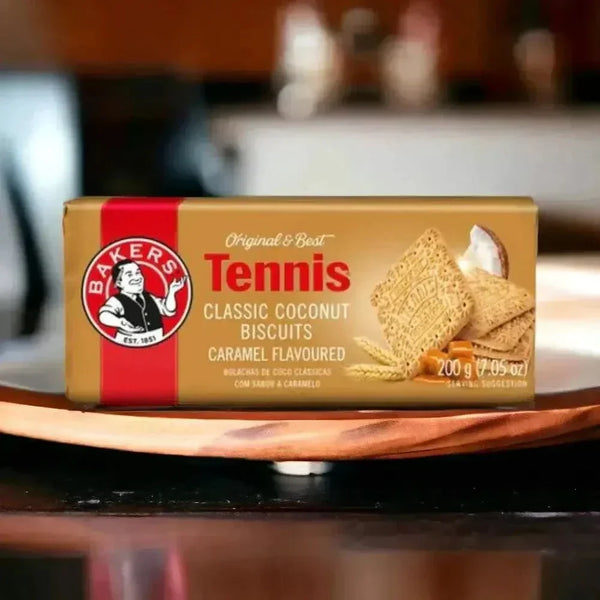 Bakers Tennis Biscuits Caramel 200g pack traditional South African snack with butter coconut syrup flavor