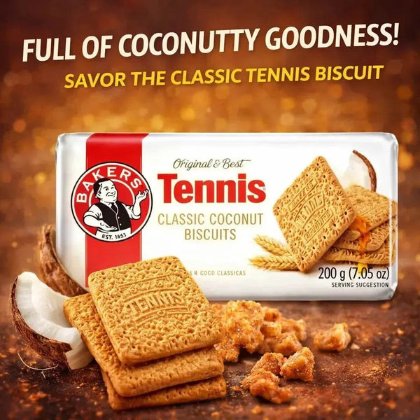 Bakers Tennis Biscuits 200g pack with crispy coconut-flavored cookies perfect for tea time and desserts