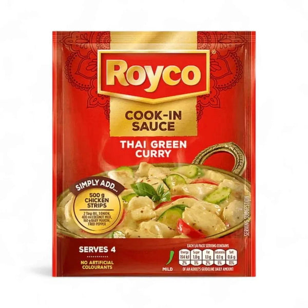 Royco Cook-in Sauce Thai Green Curry 50g pack for easy, mild-flavored curry with chicken, no artificial colors, serves 4.