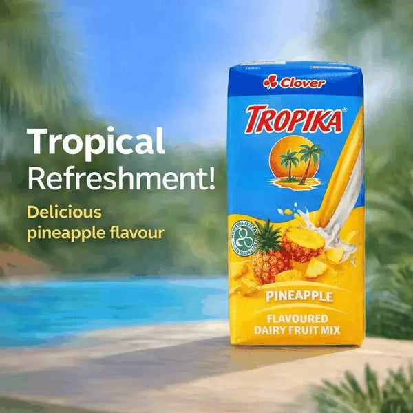 Tropika Pineapple Dairy Fruit Mix carton beside a pool