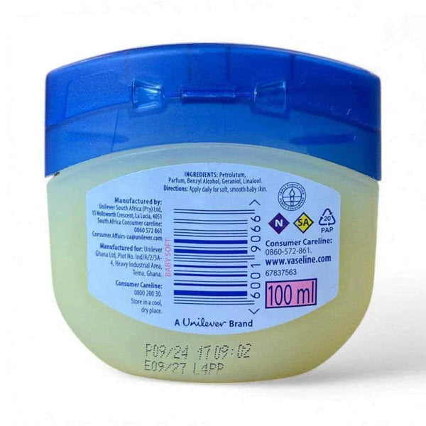 Vaseline Blueseal Baby 100ml jar with blue lid for gentle baby skin care.