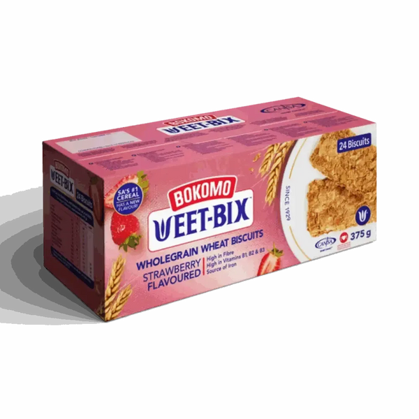 Weet-Bix Strawberry Flavoured Wholegrain 375g box of wholegrain wheat biscuits with strawberry flavor, high fiber and vitamins, South African breakfast cereal