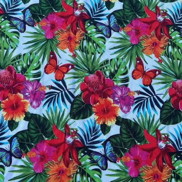 White tablecloth with tropical flower design on dining table