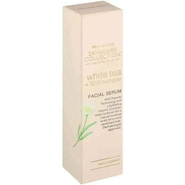 White Tea & Q10 Anti-Ageing Facial Serum 50ml bottle with moisturizing and peptide technology benefits