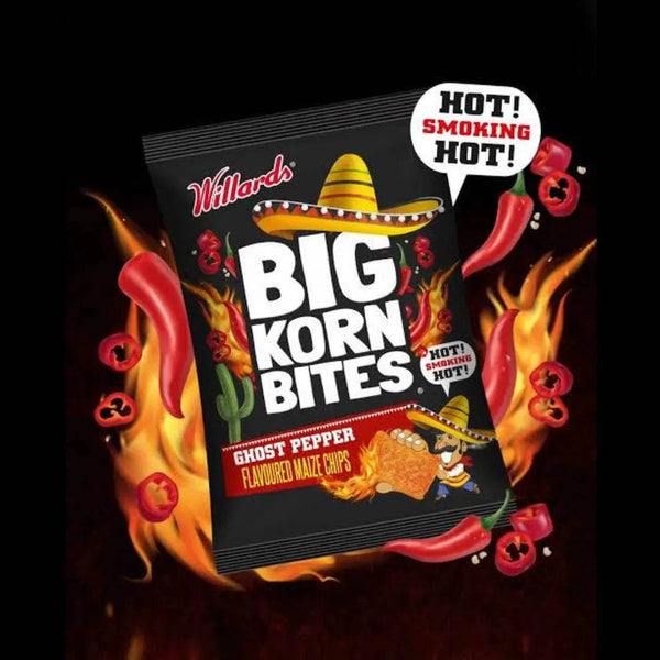 Willards Big Korn Bites Ghost Pepper Flavored Maize Chips - 120g, fiery snack pack with red chili peppers and flames.
