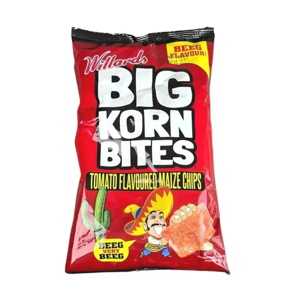Willards Big Korn Bites Tomato 120g snack packet with delicious crunchy corn bites
