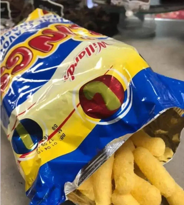 Willards Flings 150g open packet showing crispy fluffy bite-sized maize snacks