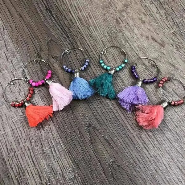 Set of 6 colorful tassel wine glass charms, each with approx 4cm rings