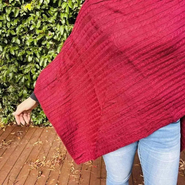 Maroon knitted cotton winter poncho with round neck