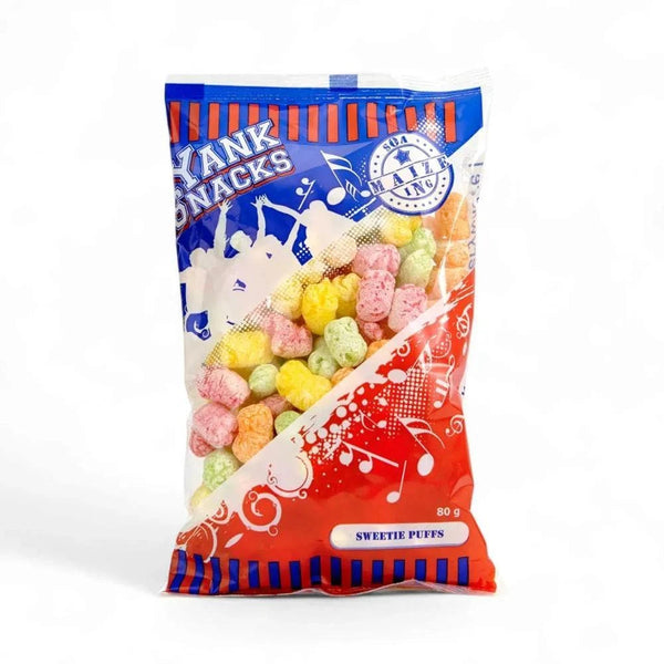 Vibrant Yank Snacks Maize Puffs Sweetie 80g pack with colorful fruity puffs.