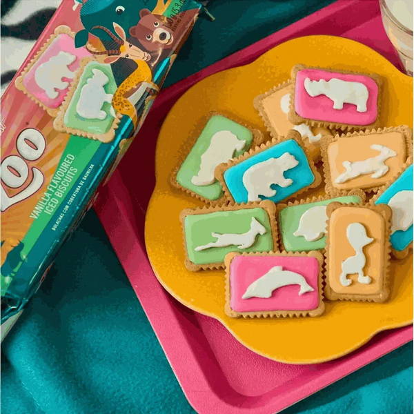 Pack of Bakers Zoo Biscuits with colorful iced animal shapes and playful designs