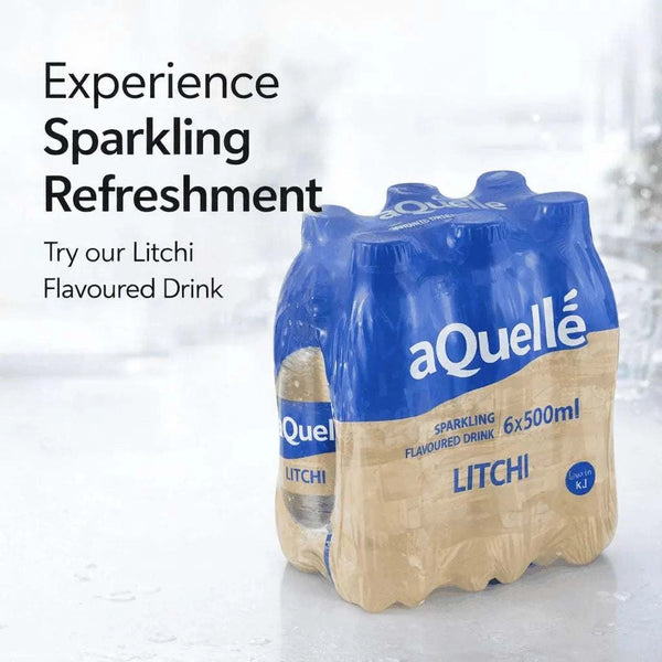 aQuellé Litchi Flavoured Sparkling Water six-pack promotional image