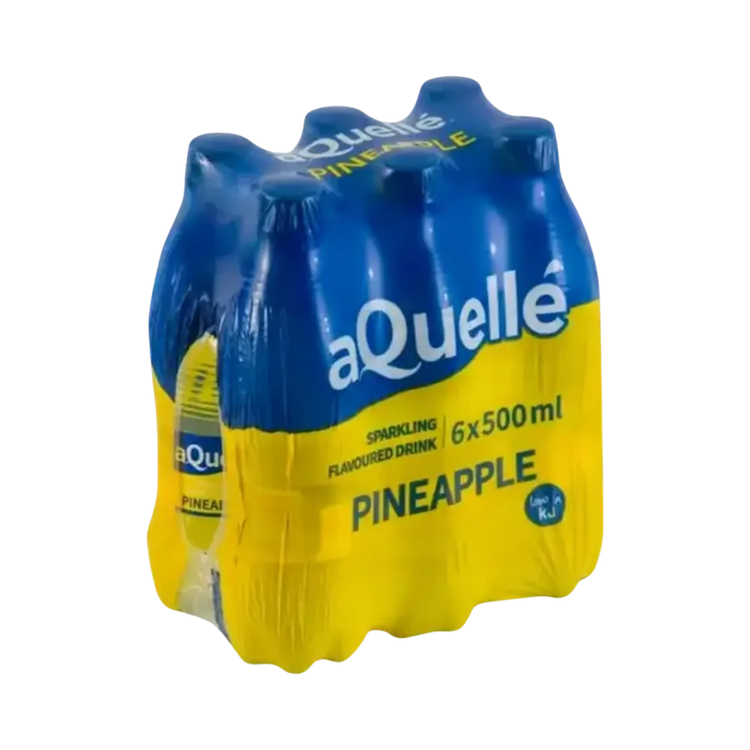aQuellé Pineapple Flavoured Sparkling Water six-pack of 500ml bottles angled view