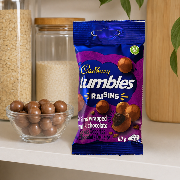 Cadbury Tumbles Raisins 60g on a pantry shelf