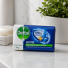 Dettol Active Bath Soap 175g beside basin soap dish and plant