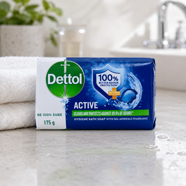 Dettol Active Bath Soap 175g on bathroom vanity with towels