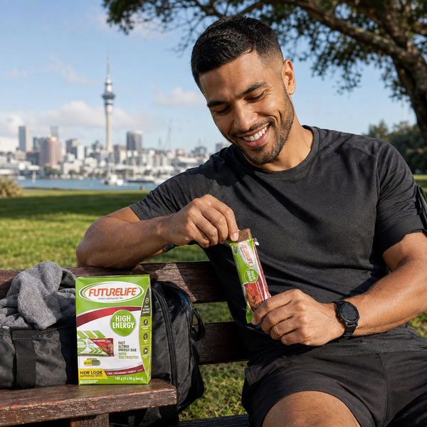 Runner enjoying a Futurelife High Energy Choc Strawberry Crunch 40g bar with the 160g four-pack