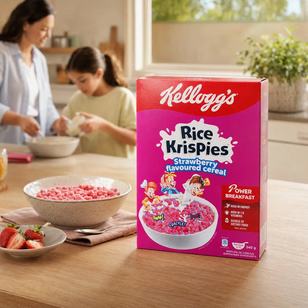 Kellogg's Strawberry Rice Krispies cereal in a realistic family breakfast kitchen