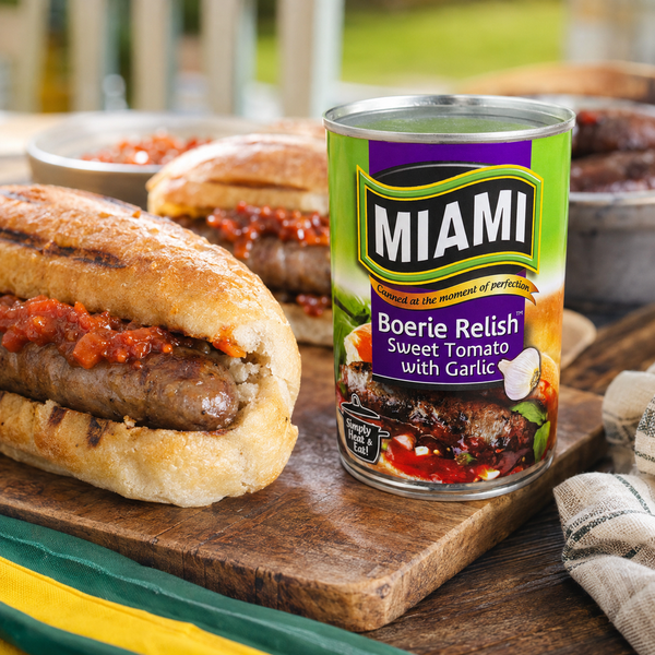 Miami Boerie Relish Sweet Tomato with Garlic 450g beside boerewors rolls