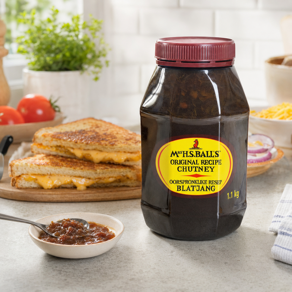 Mrs H.S. Ball's Original Recipe Chutney 1.1kg jar with toasted cheese sandwiches