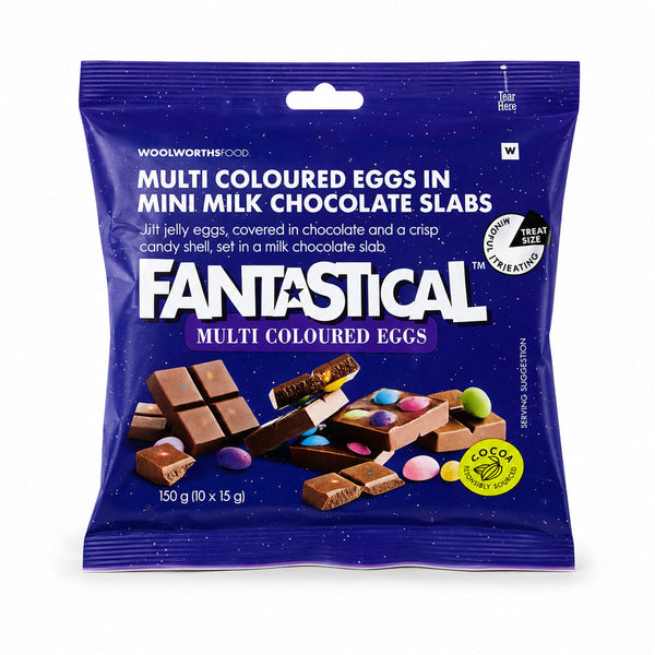 Woolworths Fantastical Multi-Coloured Eggs in Mini Milk Chocolate Slabs 150g pouch