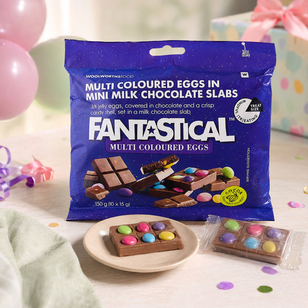 Woolworths Fantastical 150g mini chocolate slabs presented as a colourful treat