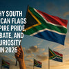High-quality realistic photograph showing a timeline of the evolution of South African flags from colonial to modern designs