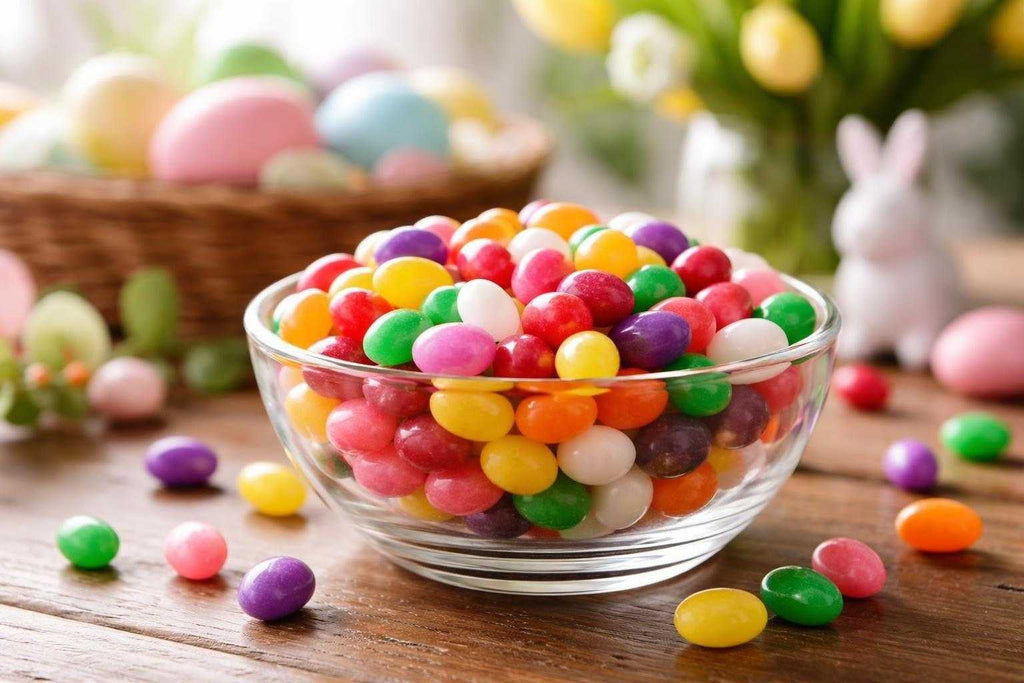 Jelly bean manufacturing process showing stages of coating and polishing colorful jelly beans