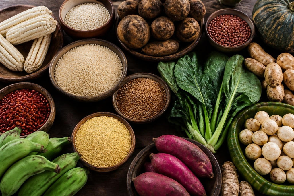 African Foodstuffs: A Guide to staple grains, beans, potatoes, leafy greens and fresh vegetables in assorted colours and textures.