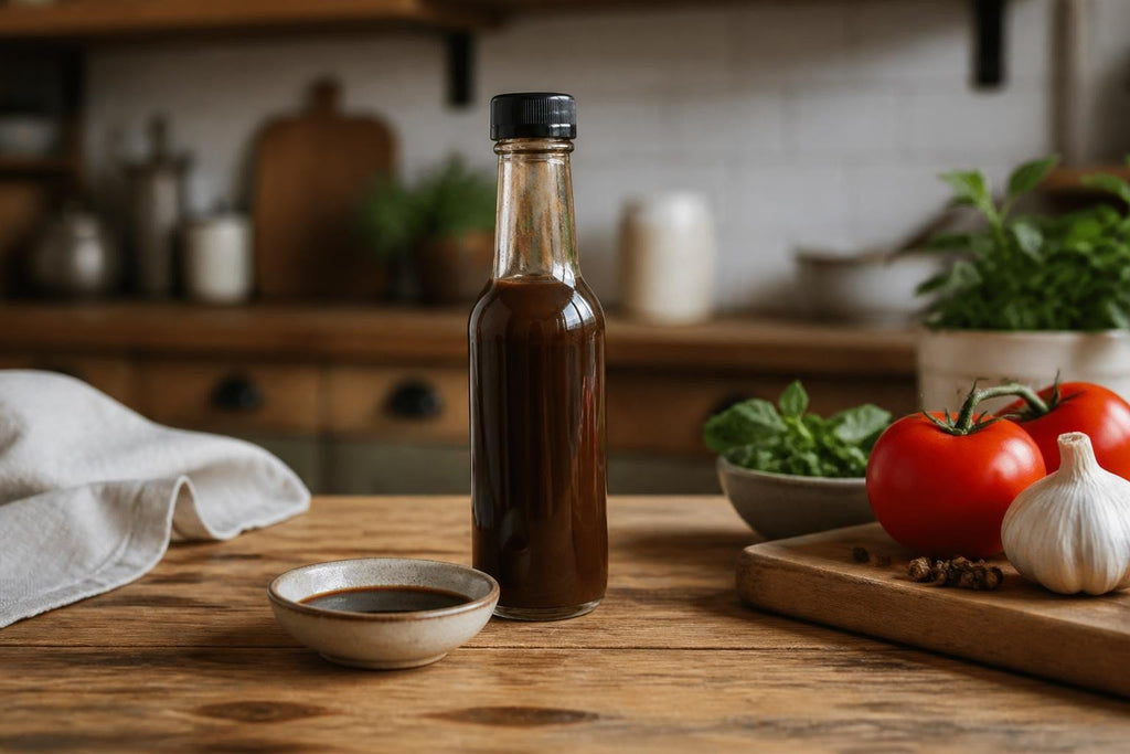 Worcestershire sauce in a clear glass bottle with dark brown liquid and a black cap, beside a dipping bowl; Worcestershire Sauce NZ