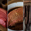 How to Make Biltong Recipe shows raw red beef, spice-coated meat, and dark dried biltong strips hanging on hooks.