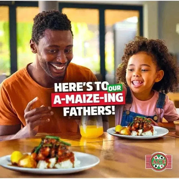 Family eating a meal beside an ACE Super Maize Meal promotional graphic