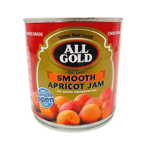 All Gold Smooth Apricot Jam 900g can with apricot fruit image, smooth texture, no added preservatives, easy to open lid, South African quality apricot jam