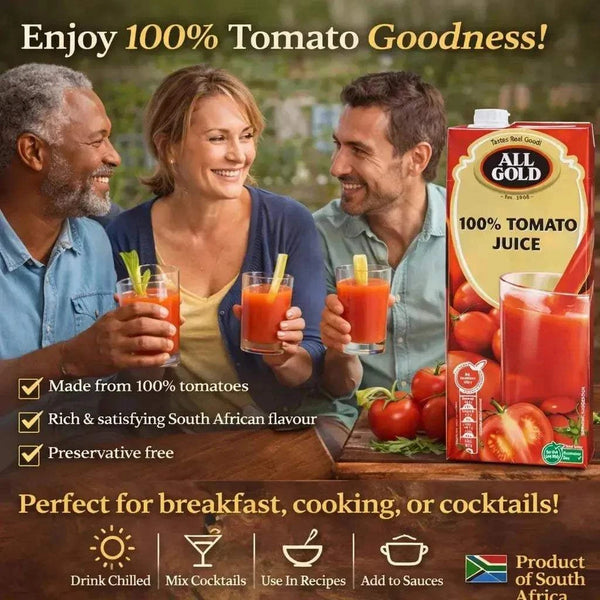 All Gold Tomato Juice 1 litre carton with rich 100% preservative-free tomato juice from South Africa